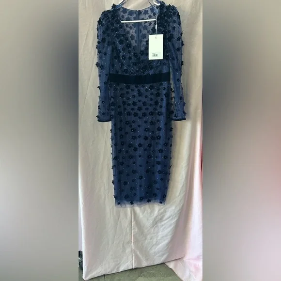 MAC DUGGAL 67856 NWT Embellished V Neck Illusion Long Sleeve Column Midi